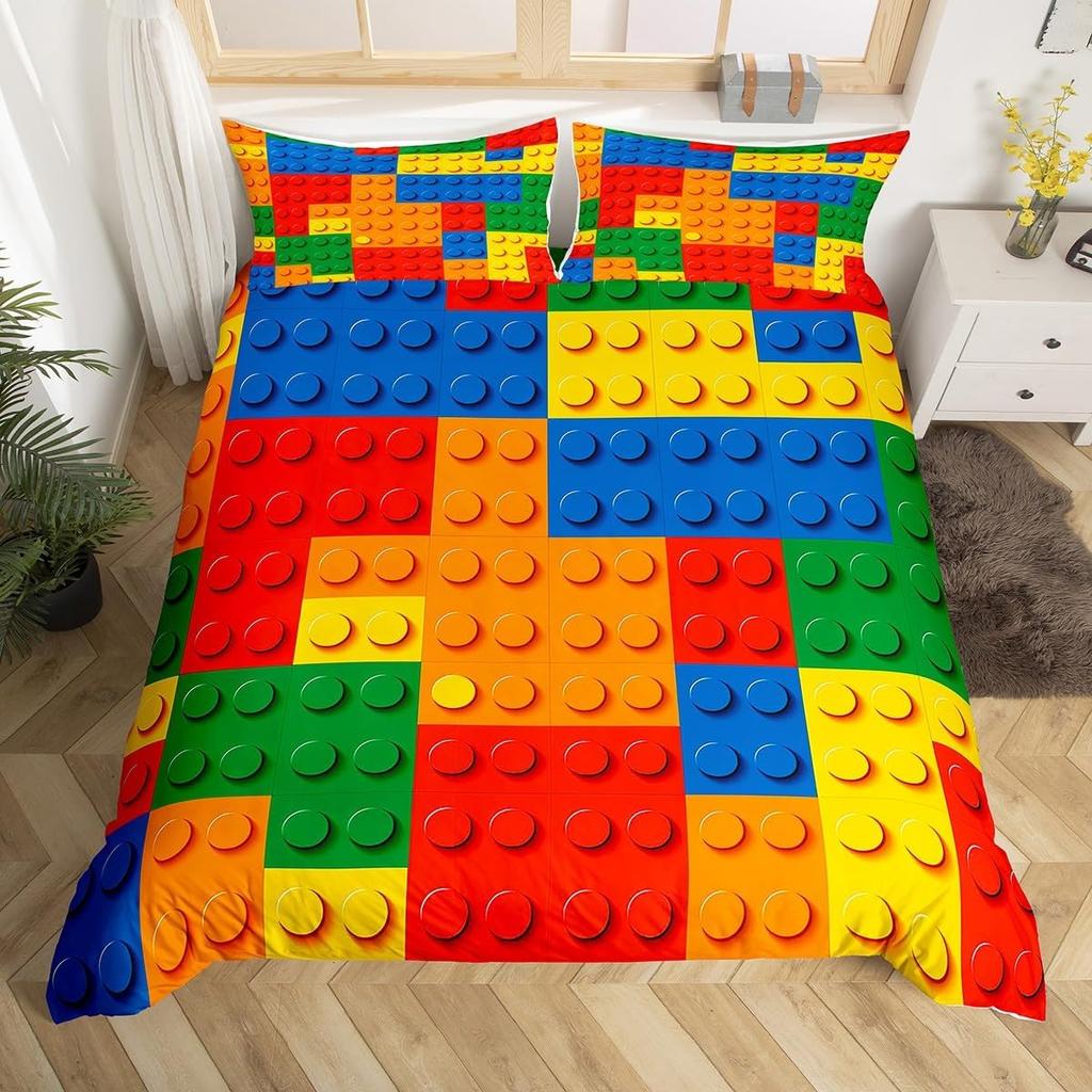 Building Block Duvet Cover Twin King Rainbow Construction Bedding Set Colorful Bricks Comforter Cover For Teen Girls Room Decor