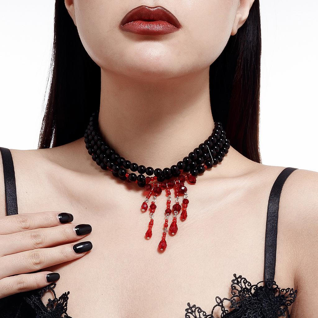 SHIXIN Halloween Red Crystal Blood Drop Tassel Necklace for Women Luxury Elegant Multilayer Imitation Pearl Choker Party Jewelry