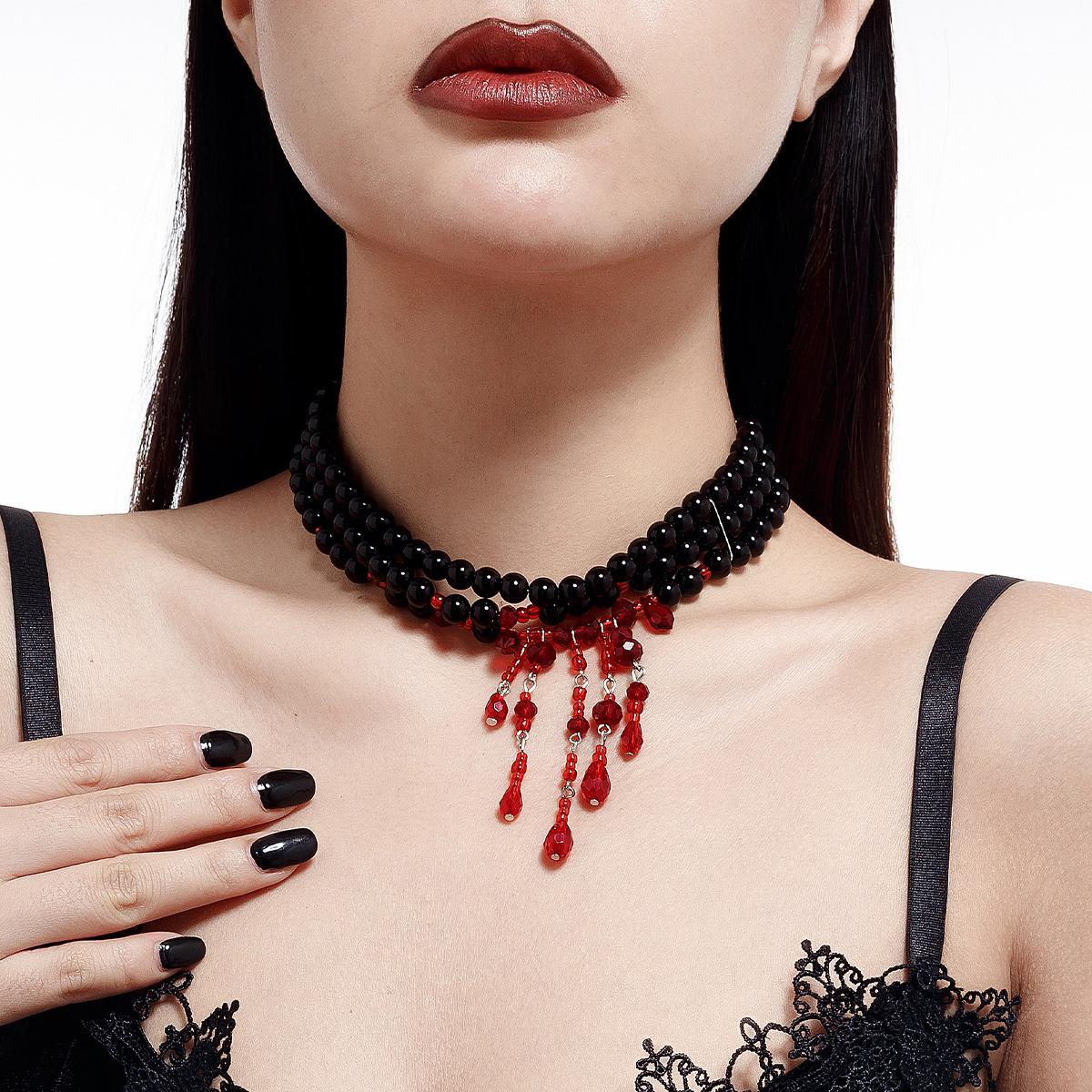 SHIXIN Halloween Red Crystal Blood Drop Tassel Necklace for Women Luxury Elegant Multilayer Imitation Pearl Choker Party Jewelry чёрный