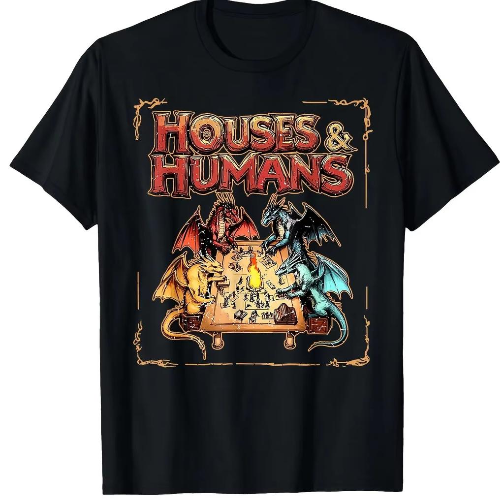 Fun Dungeons&Dragons Inspired Summer Men's T-shirt House&Humans RPG Parody Game Player Tees with Dragon and Wizard Battle Design