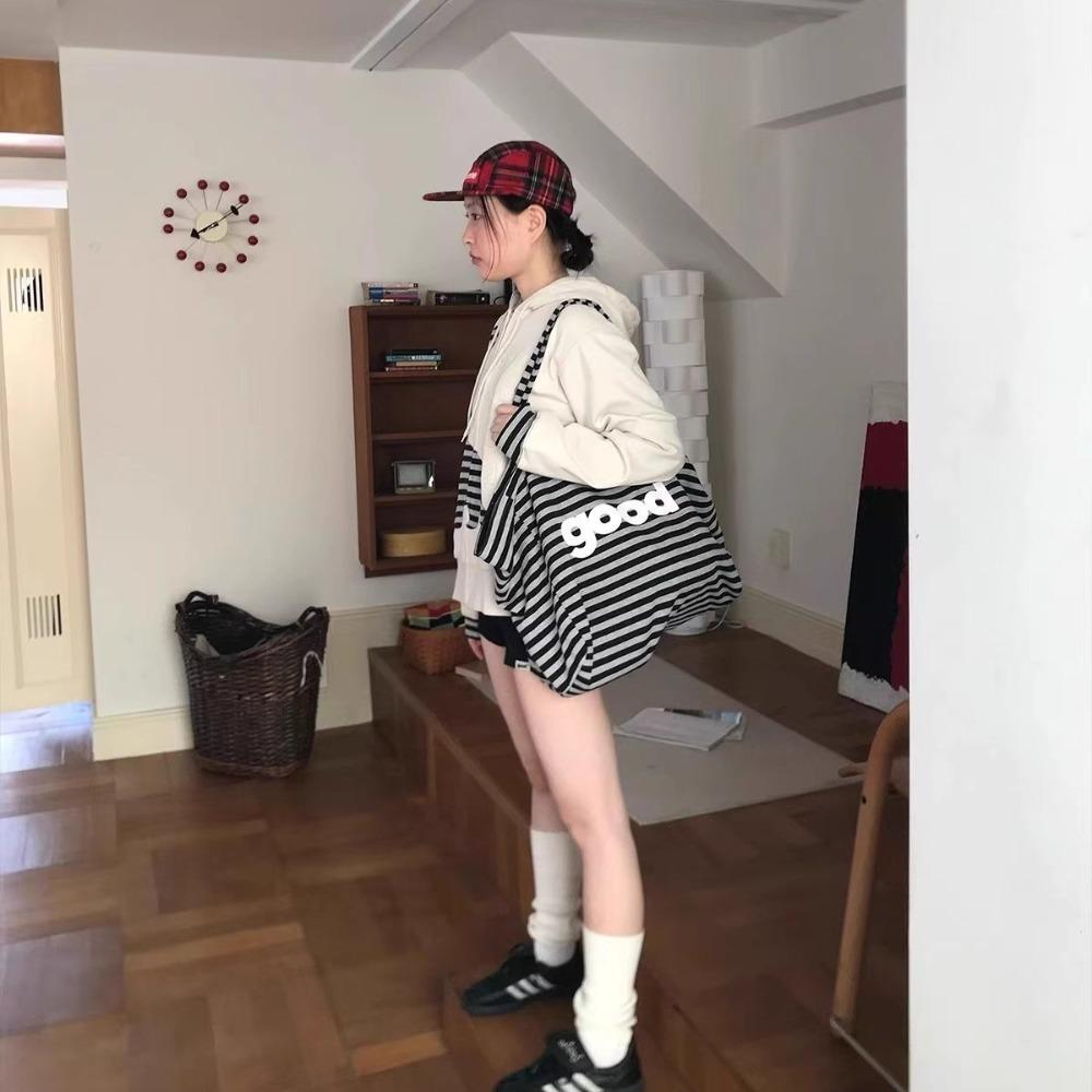 2025 spring and summer new early eight people go to work black and white striped tote bag large capacity shoulder stack shopping bag tote bag