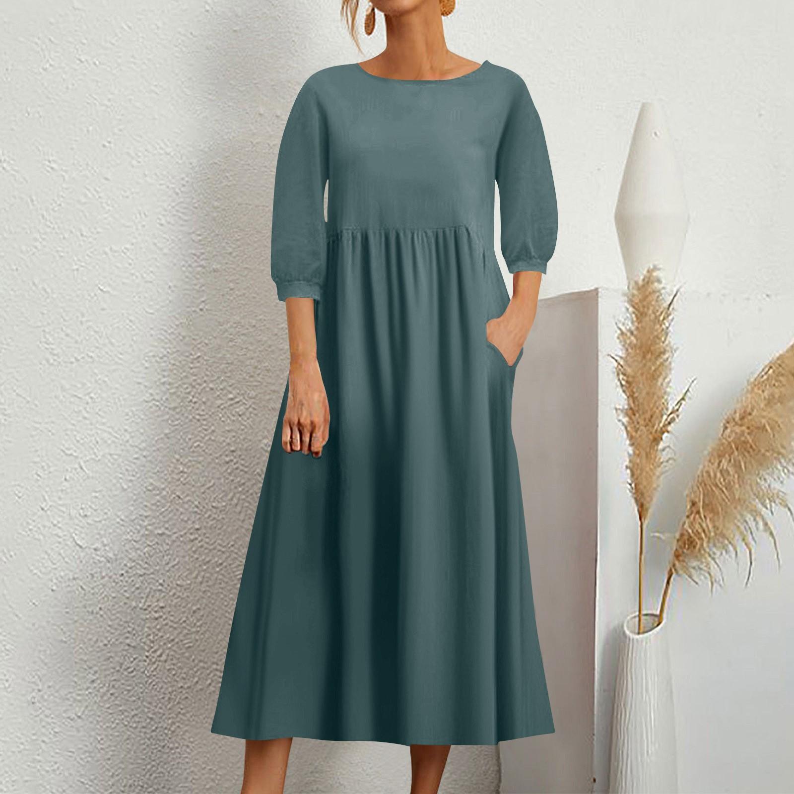 Women s Fashion Color Loose Cotton Linen Pocket Mid-Sleeve Long Dress L