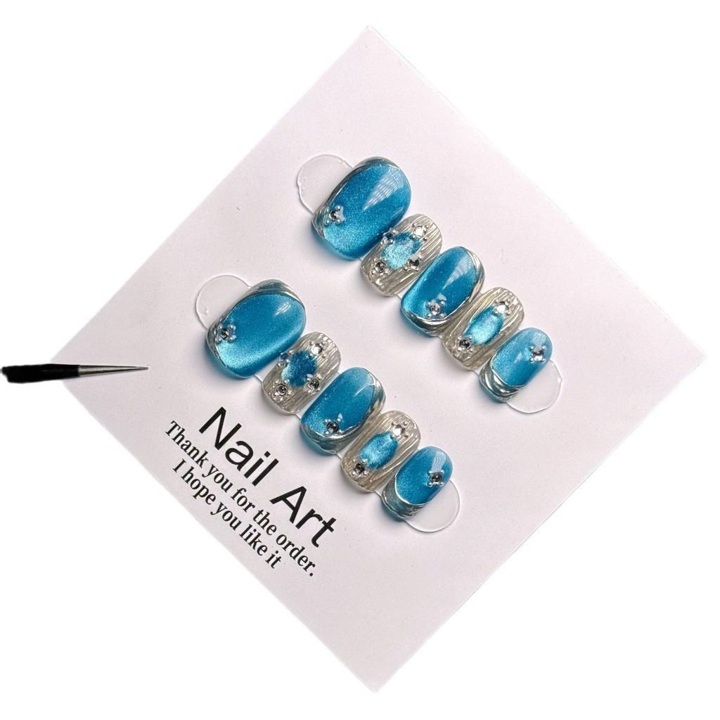 Nail Patch Handmade Blue Cat Eye Short Nails Fashion Temperament Everything