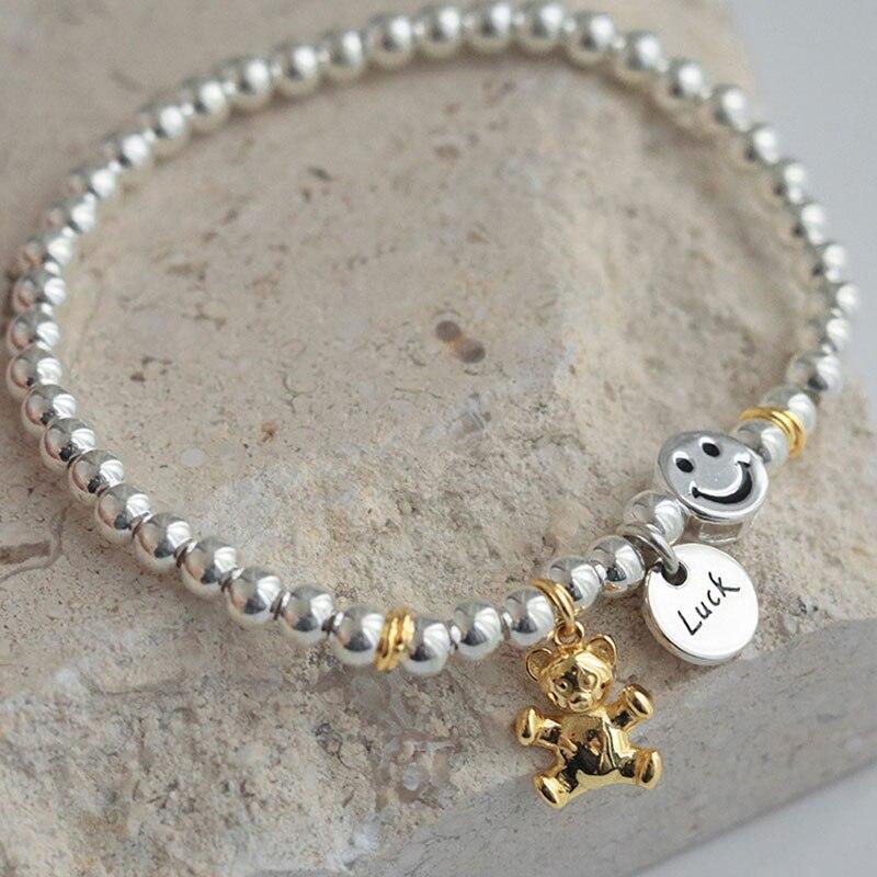 925 Sterling Silver Letter Ball Beads Elastic Chain Bracelet For Women Simple Korea Hand Jewelry