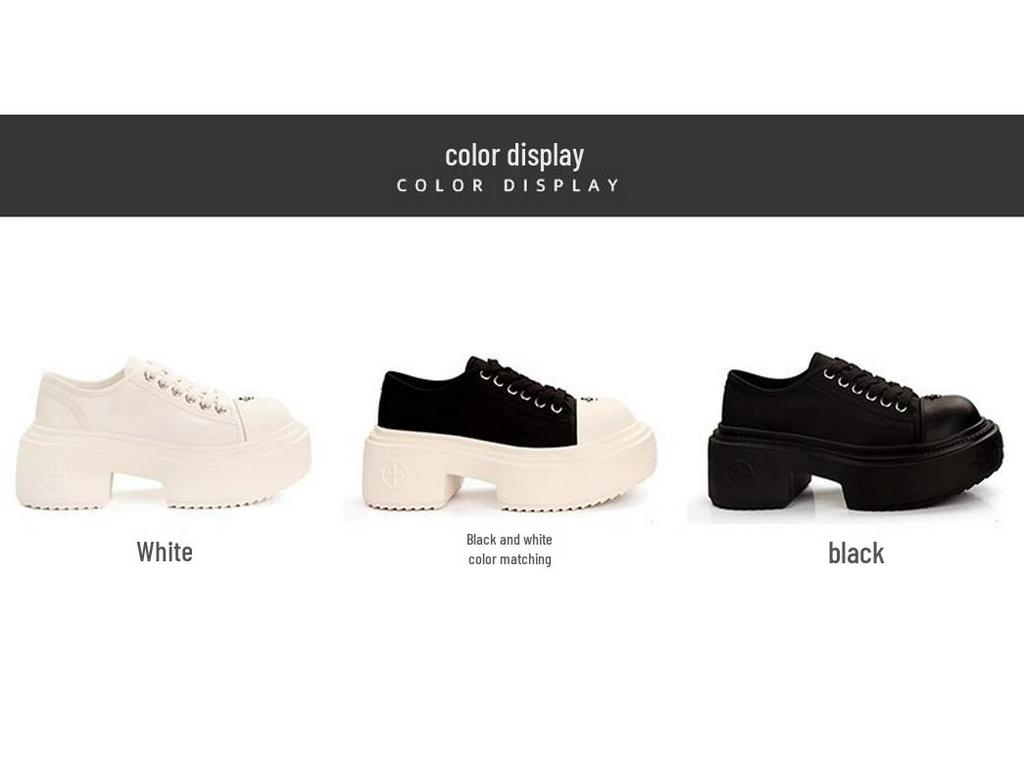 Grape Mom's Style White Canvas Shoes - Women's Lace-Up, Large Round Toe, 7cm Thick Sole, Height-Increasing, Casual Autumn/Winter Footwear