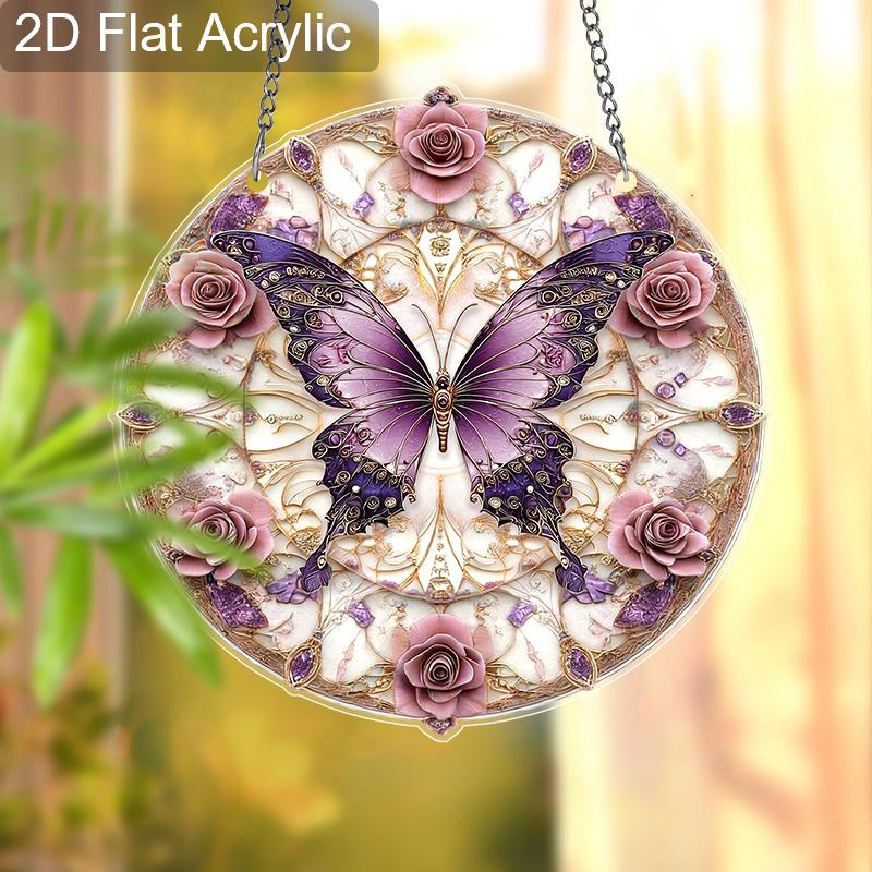 Acrylic Purple Butterfly with Pink Roses Suncatcher Stained Glass Effect Window Hanging Ornament Flower Lover Gifts