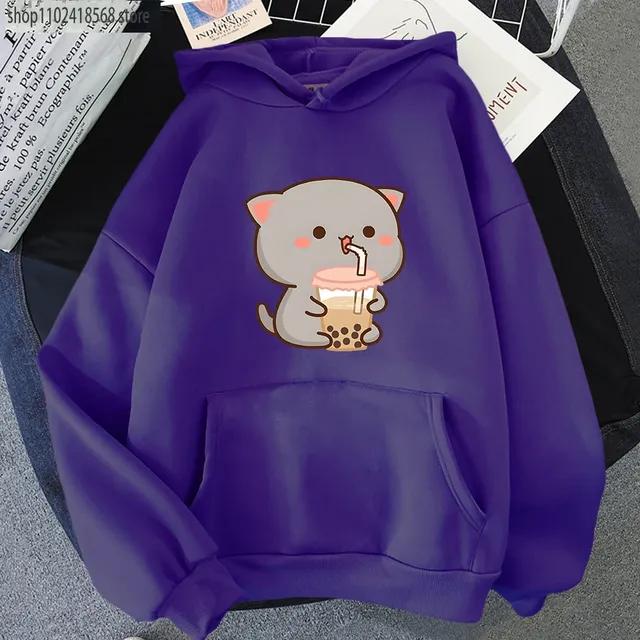 Peach Cat Love Boba Print Hoodies Bubble Tea Sweatshirt Girls Kawaii Cartoon Sudaderas Men's Tops Kawaii  Winter Clothes Women
