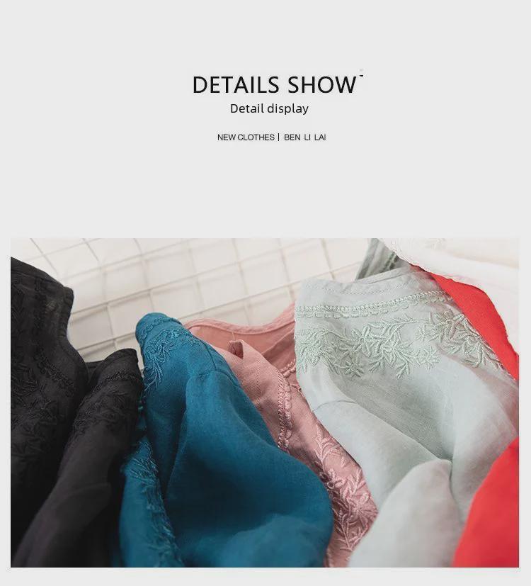 Damen Besticktes Baumwoll- und Leinen V-Ausschnitt Kurzarm Pulloverhemd