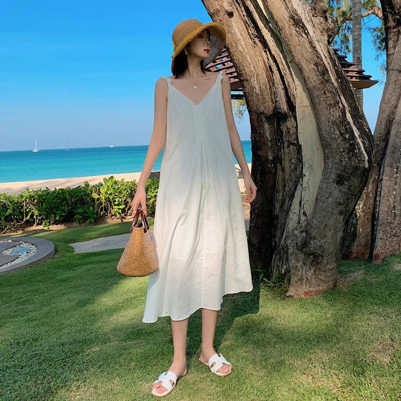 Women's 2026 Summer White Spaghetti Strap Beach Dress - Loose Fit, Slimming, Seaside Vacation Style Long Dress