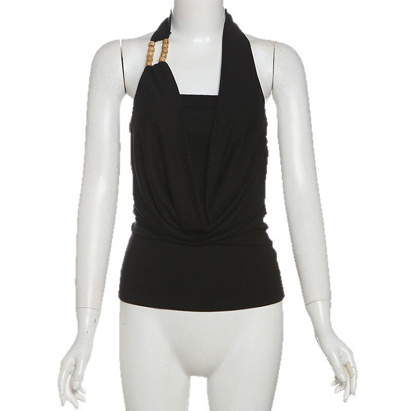 

Pure Desire Style Fashion Cross-Border Women s Clothing Halterneck Swing Collar Ruched Open Back Fashion Sexy Outerwear Young Vest Tops Women Black L