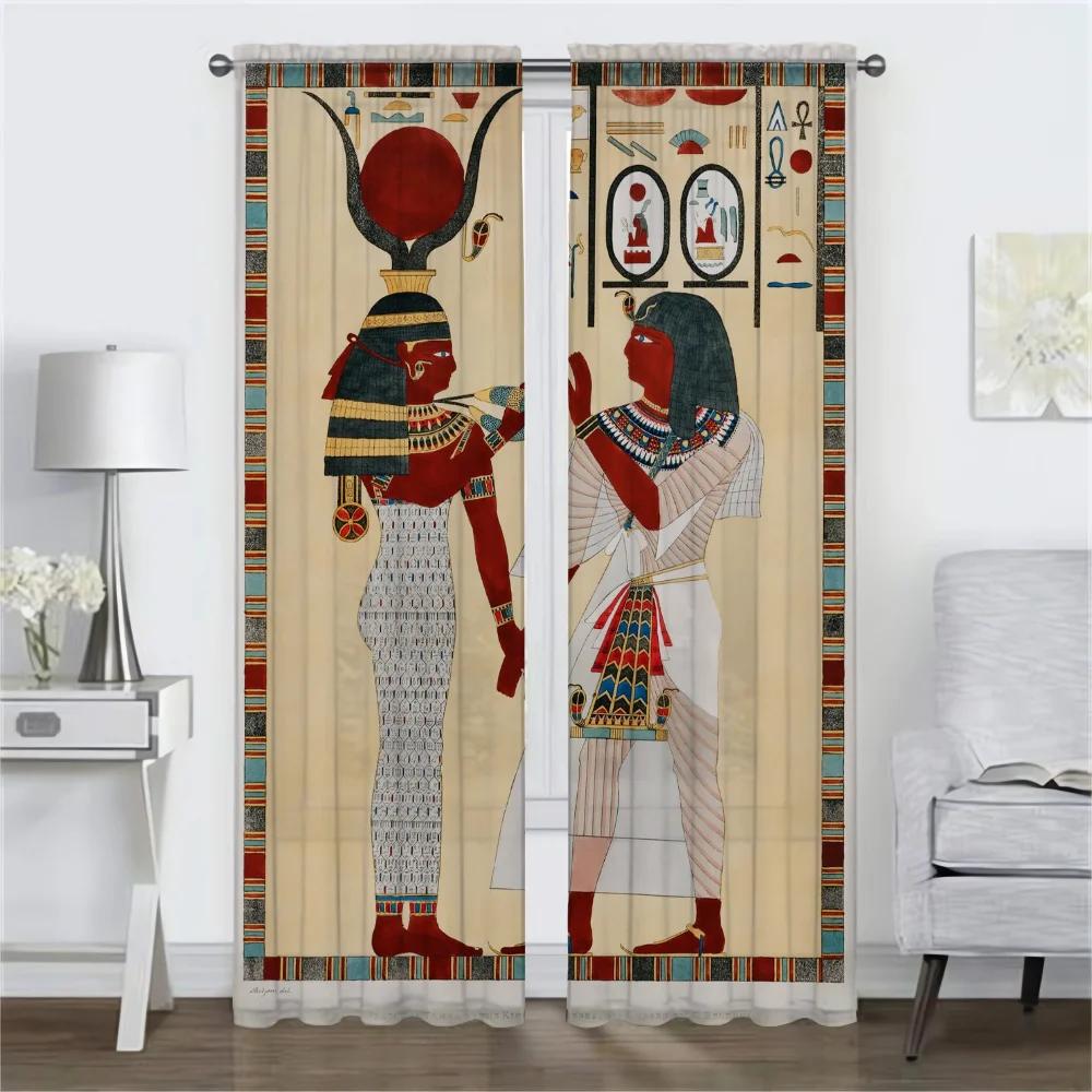 Egipskie Kamienne Statuetki Eleganckie Zasłony Pokojowe 2 Sztuki Zasłona do Salonu Domowe Zasłony Wewnętrzne na Kamerę Tiul do Sypialni