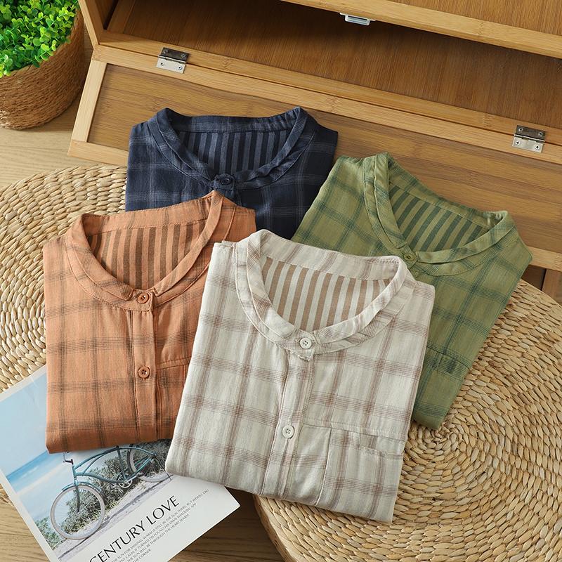 DIMANAF 2026 Plus Size Summer Women Blouse Shirts Tunic Oversize Loose Casual Cotton Lady Tops Vintage Plaid