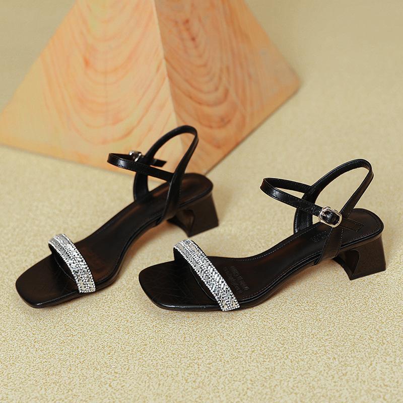 Silver Open-toed Fashion Sandals Women's Thick Heel 2025 New Summer French Rhinestone Square Head with High Heels