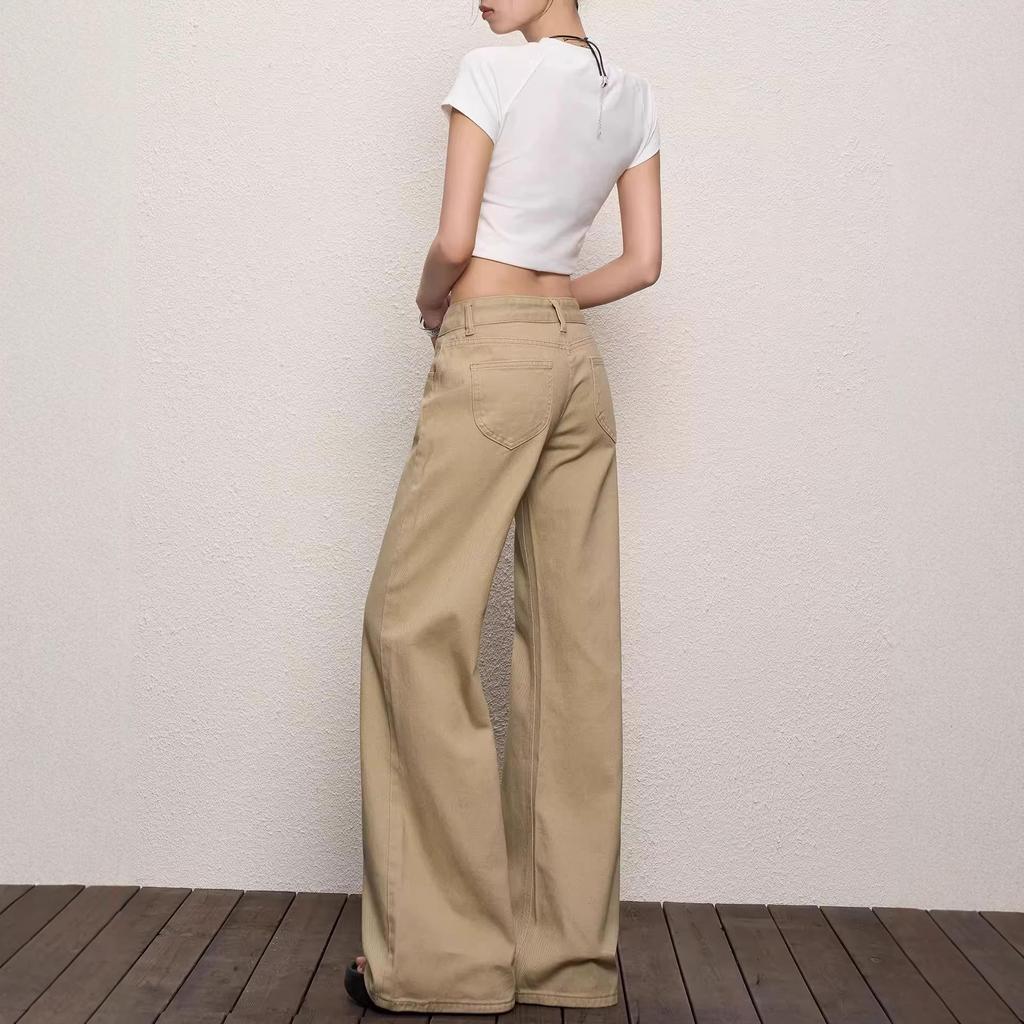 Women's Khaki Low-Rise Micro-Flare Jeans - Retro Spring/Summer Style, Hip-Covering, Slimming, Floor-Length Flare