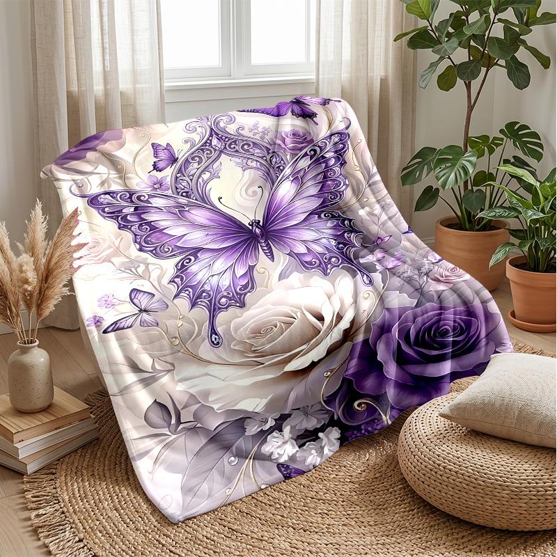 Purple Butterfly and Rose Decor Theme Blanket Lightweight Warm Flannel Blanket Decorative Throw Blanket for Home Decoration