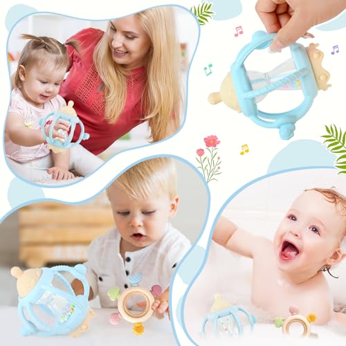 2 Pack Baby Teething Toys for 6-12 Months, Sensory Teether, Montessori Baby Rattle Teether Toy as Gifts for Boys Girls (Blue)