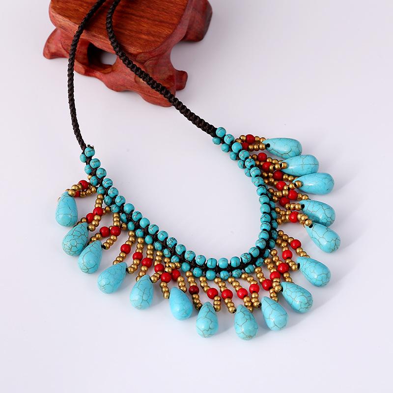 Bohemian Style Turquoise Hand Woven Short Necklace, Full of Sincere Jewelry, Water Droplet Pendant, Collarbone Chain
