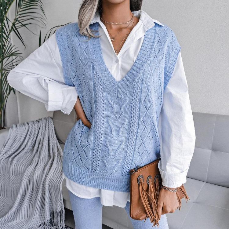 Women Sleeveless Knit Sweater Solid Color V Neck Twist Cutout Tank Top Sizes S To L
