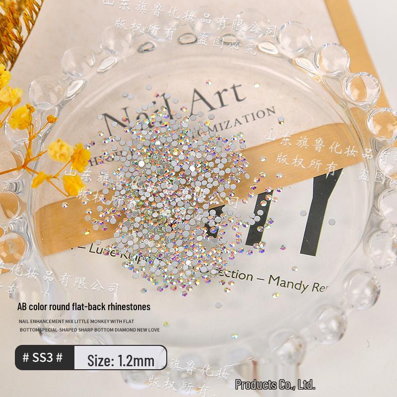 Iridescent AB White Small Round Nail Art Diamonds – Crystal Glass Flat Bottom for Super Shiny Decoration