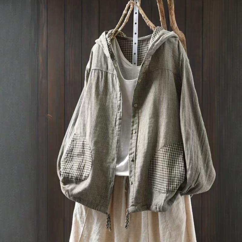 Chemise à capuche rayée en fil de coton double couche pour le printemps pour femmes, veste chemise à carreaux à manches longues