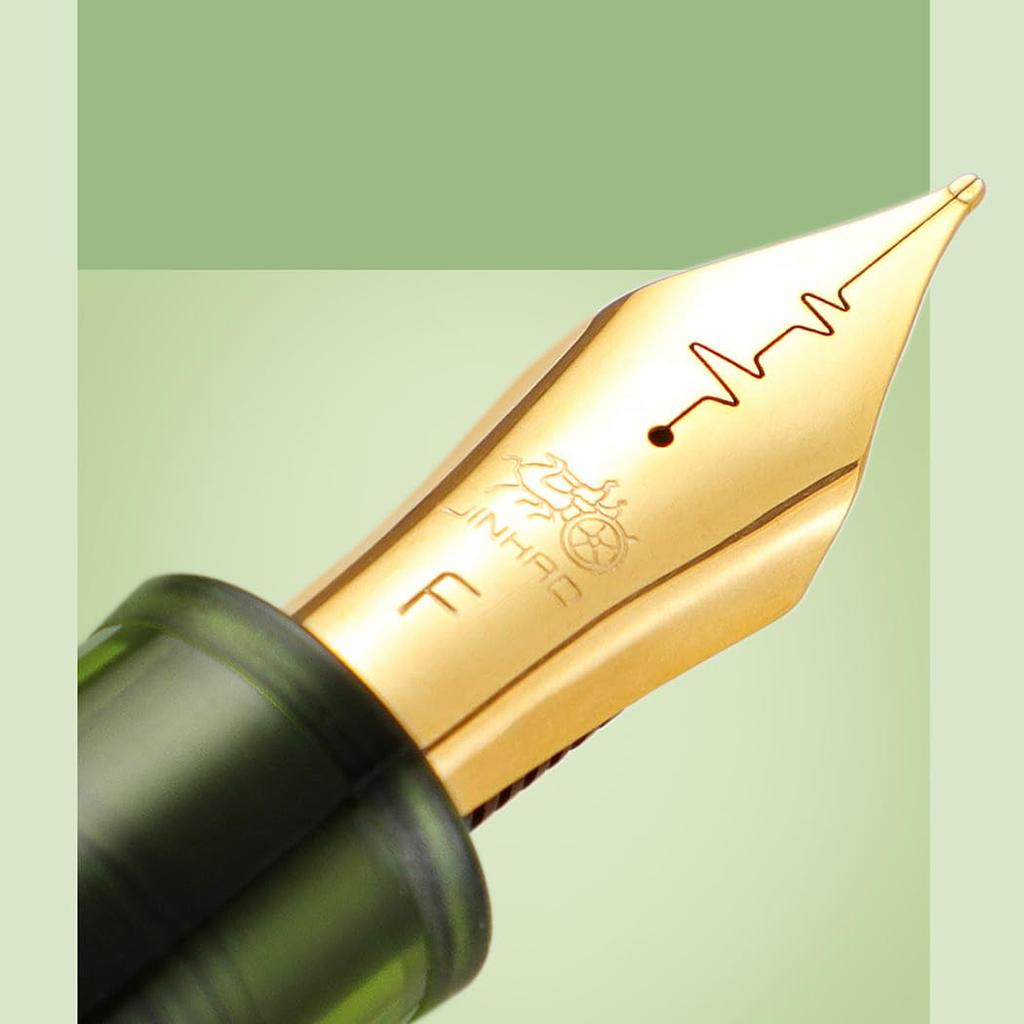 Ranvi Jinhao 9019 Acrylic Fountain Heartbeat Nib with Ink Green Classic Smooth Writing Pen, 0.5mm Converter, Design, (Gold Trim)