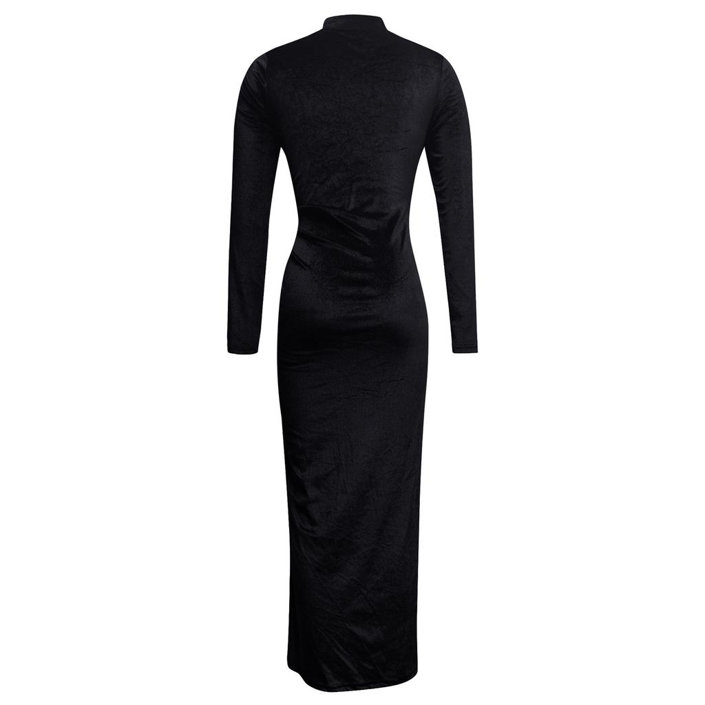 Women's Fashion Solid Colour High Neck Long Velvet Slim Fit Crinkled Split Dress