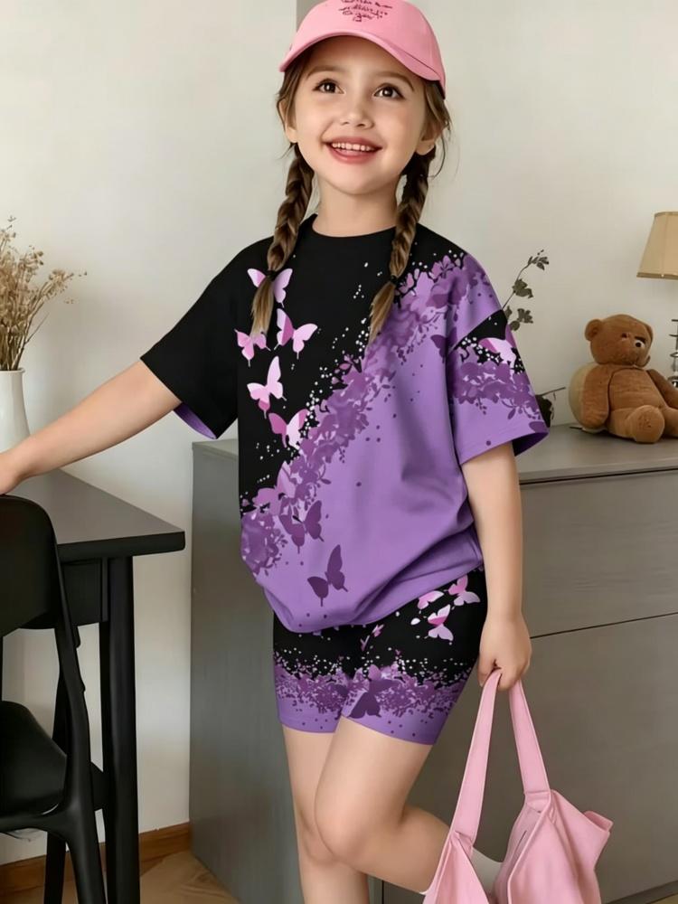 Whimsical 3D Butterfly Print 2 Piece Kids Summer Casual Set Lightweight Short Sleeve Shorts For Unisex Boys Girls