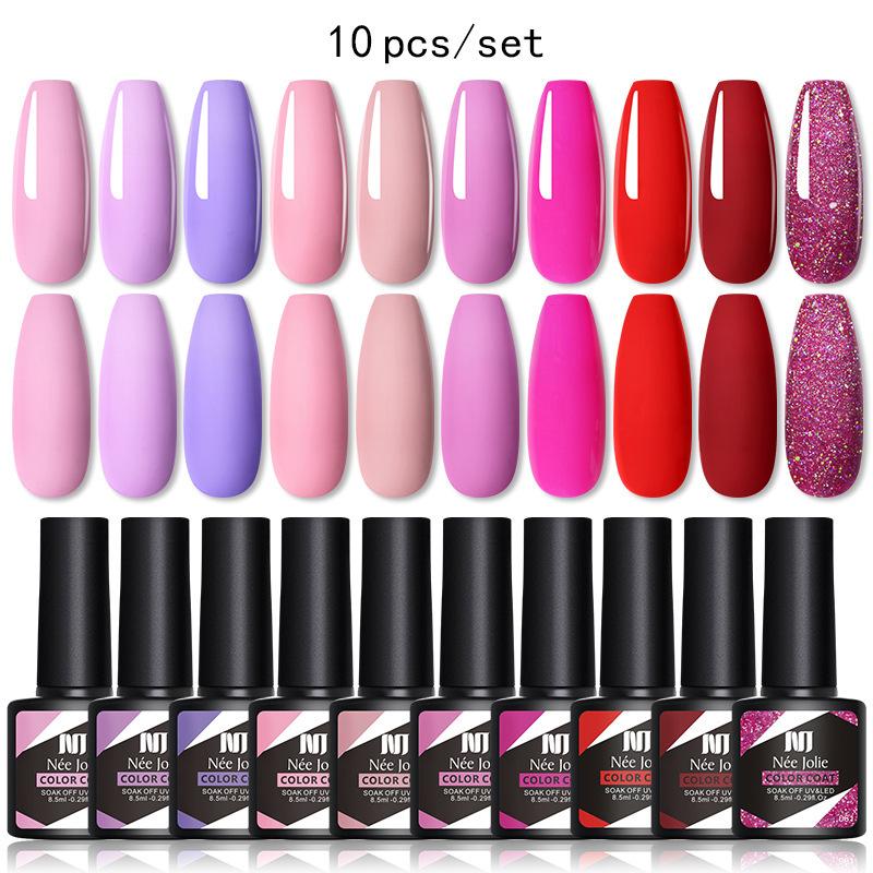 Nee Jolie 10-Color Gel Nail Polish Set Base Top Coat Soak Off UV LED Nail Art Kit for Beginners