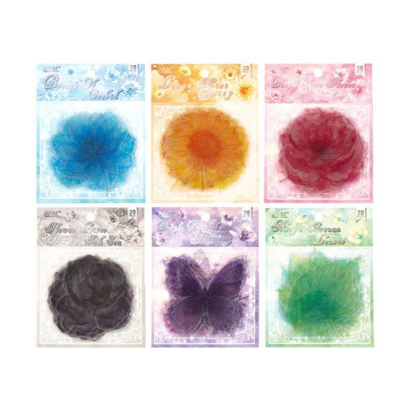 20-Piece Translucent Colored Flower Stickers, Pastel & Vivid Flower Patterns, Self-Adhesive for Journal Decoration