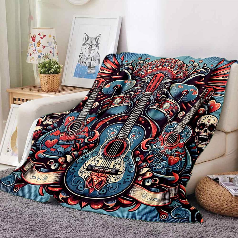 1pc Guitar Music Lightweight Flannel Blanket, Comfortable and Warm Blanket, for Office and Camping Sofa Bed, Livingroom205