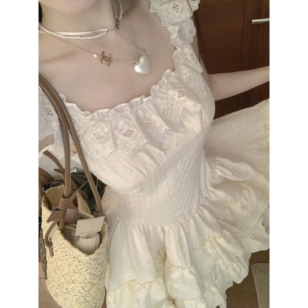 Xiaofei Sleeve Suspender Large Skirt Waist Seaside Holiday Super Fairy Medium and Long Cake Dress Dress Women's Lace Splicing