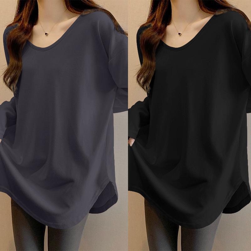 Chemise mi-longue à manches longues pour femme, style coréen, coupe ample - Ourlet incurvé, polyvalente pour l'automne et le printemps