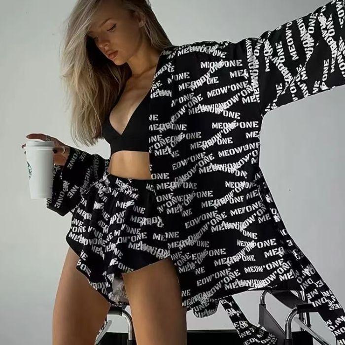 

European & American 2026 Casual Women’s Printed Pajama Set: Loose Long-sleeve Top with Tie-up and High-waisted Shorts XXL