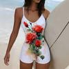Summer Beach Pool Wear Big Flower Printed One Piece Boy Short Swimsuit Women Athletic Slim Fit Bathing Suit