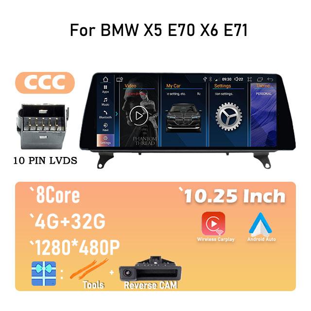 For BMW X5 E70 X6 E71 CCC / CIC System 10.25" IPS Screen Android 14 Car Video Player Multimedia Radio Stereo GPS Navigation