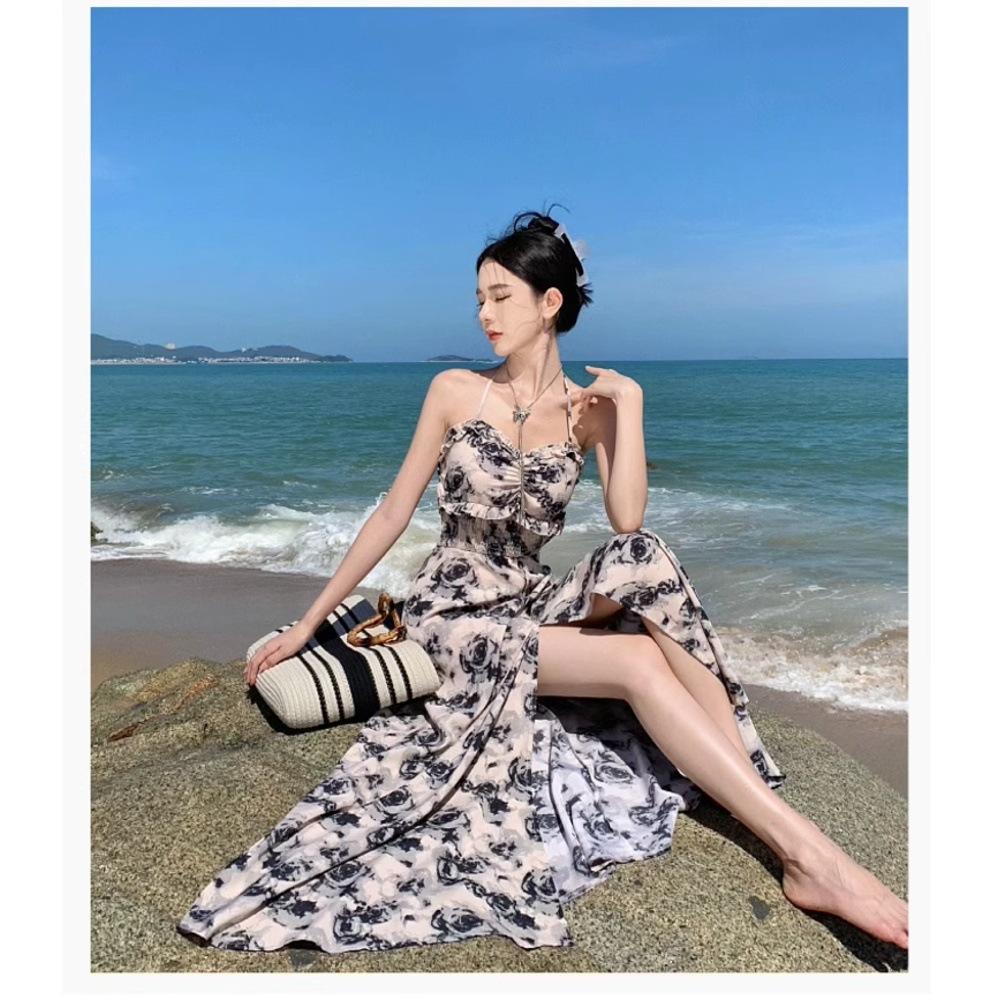 Fustă de vacanță la mare rochie florală cu bretele de vară nouă spate gol gât temperament rochie lungă femei