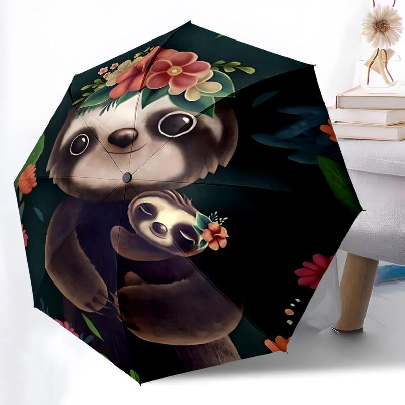 1pc Sloth Floral Automatic Open/Close Umbrella, Portable Folding Umbrella for Travel, Themed Events005