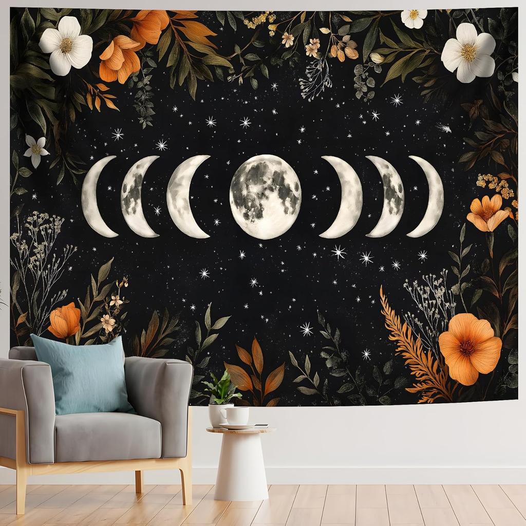 BVBOX Moon Garden Tapestry 59"x51", Black Celestial Floral Bohemian Moon Butterfly Tapestries, Dark Botanical Tapestry Wall Hanging Room Decor For