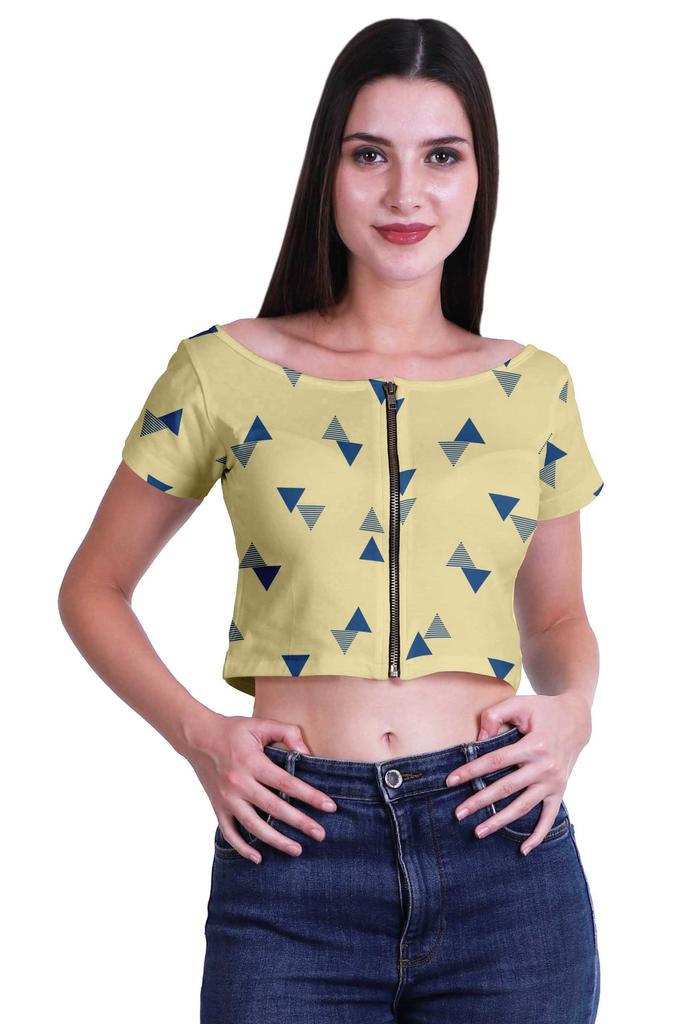 Moomaya Printed Boat Neck Womens Sexy Summer Tops Zip Front Viscose Crop Top