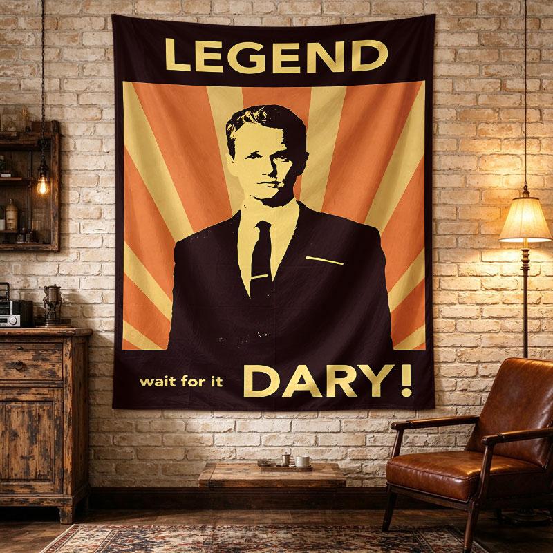 Legend Dary orange retro sunburst poster showing Barney Stinson in a suit silhouette, LEGEND wait for it DARY type in cream and, Wall Hanging