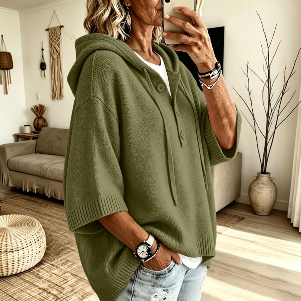 Maglione Casual da Donna con Cappuccio, Manica a Tre Quarti, Coulisse, Bottoni, Vestibilità Larga