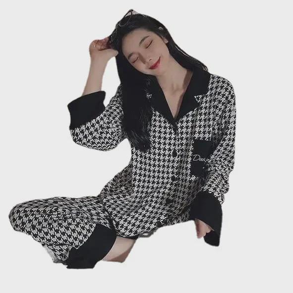 Hahnentritt Damen Langarm Pyjama Set, Frühling/Herbst, Lässiges Reversdesign