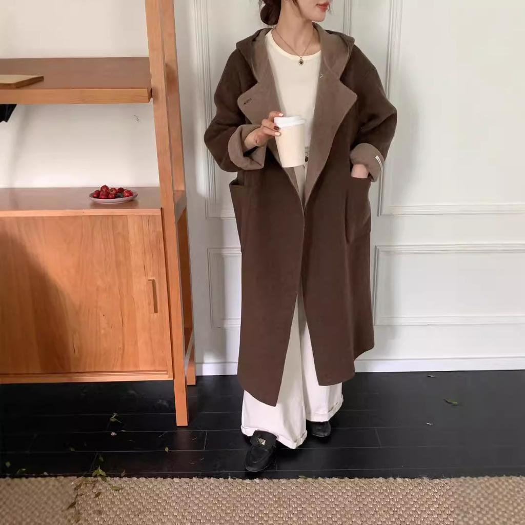 Nový oboustranný heterochromatický oboustranný vlněný kabát s kapucí pro ženy, podzimní a zimní dlouhý kabát s kapucí, oboustranný vlněný kabát pro ženy