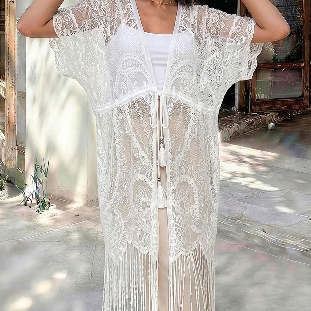 Lace Mesh Bohemian Shawl Tassel Sun-Protective Top Elegant Swimsuit Cover Up Vacation