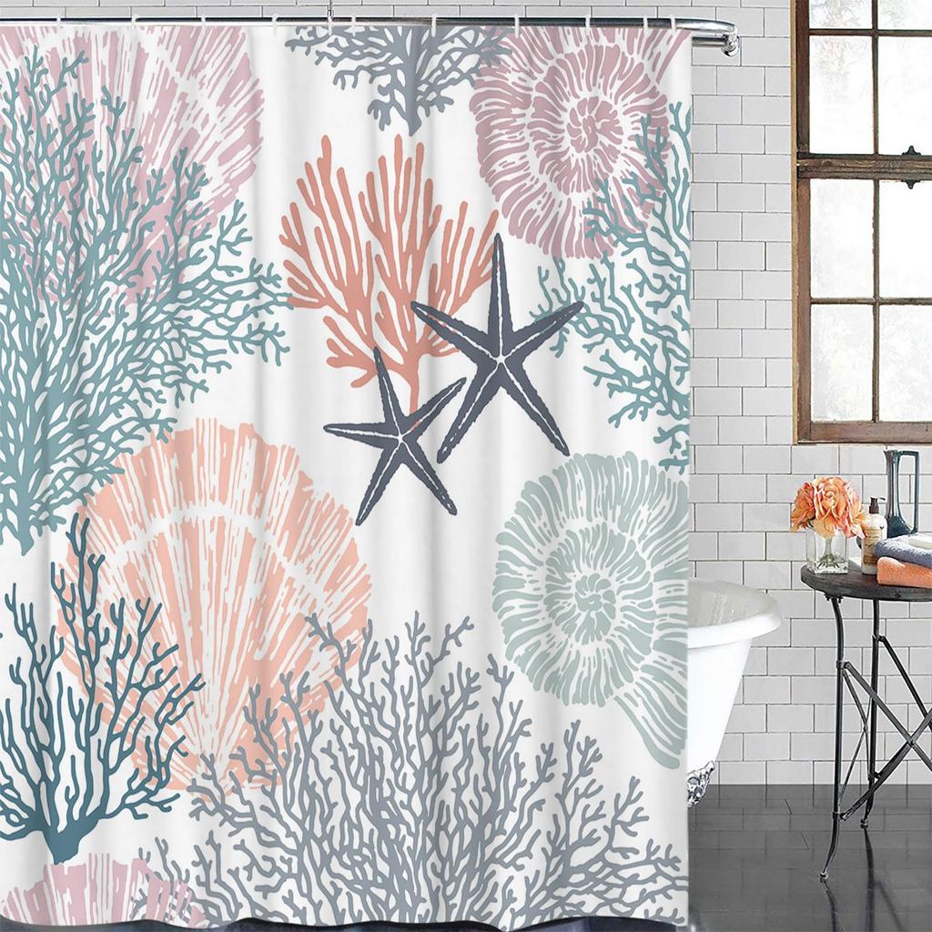 Nautical Coastal Shower Curtain,Beach Ocean Theme Shower Curtain for Bathroom Decor,Summer Tropical Coral Bath Curtain with Hook
