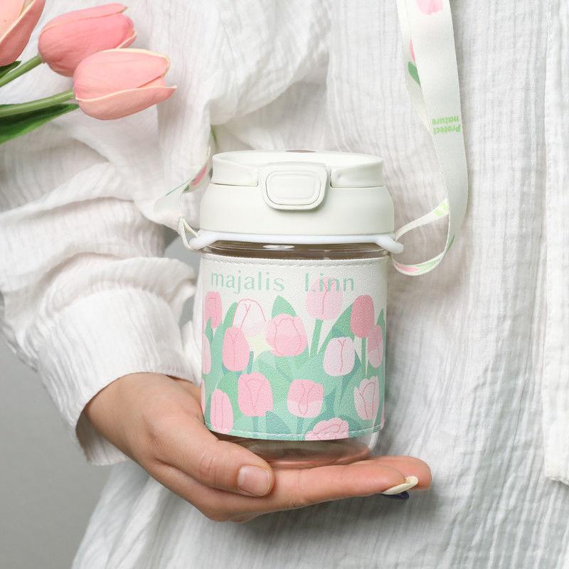 

Spring Tulip Perfume Cup Mug Net Celebrity High-grade Messenger Cup with Glass Cup with Straw Cup Mug Durable Durable Useful 400ml leather case