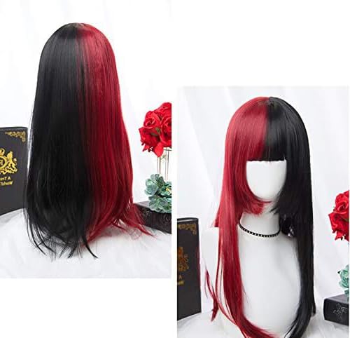 Harajuku-style Gal-kei Women's Wig, Full Wig, Long, Straight, Red and Black, Double-Colored, Lolita Wig (Red and Black)