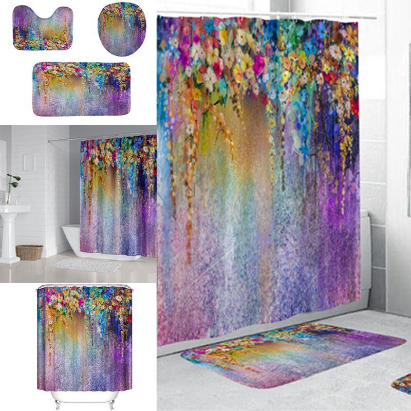 Waterproof Printed 3d Purple Flowers Waterproof Shower Curtains With Set Hooks