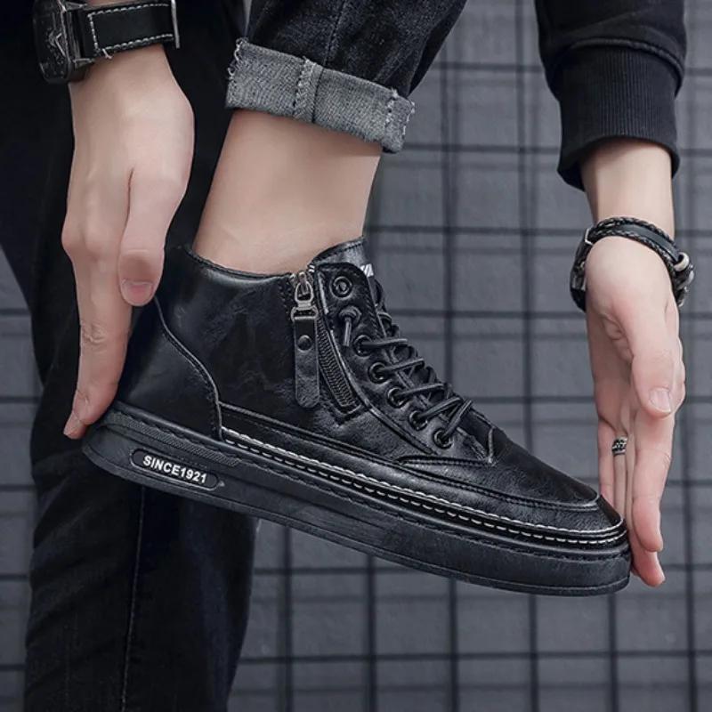 Fashion Men Leather Casual Shoes 2024 Spring High Top Platform Leather Boots Short Lace Up Fur Warm Ankle Boots Men Tooling Shoes Botas