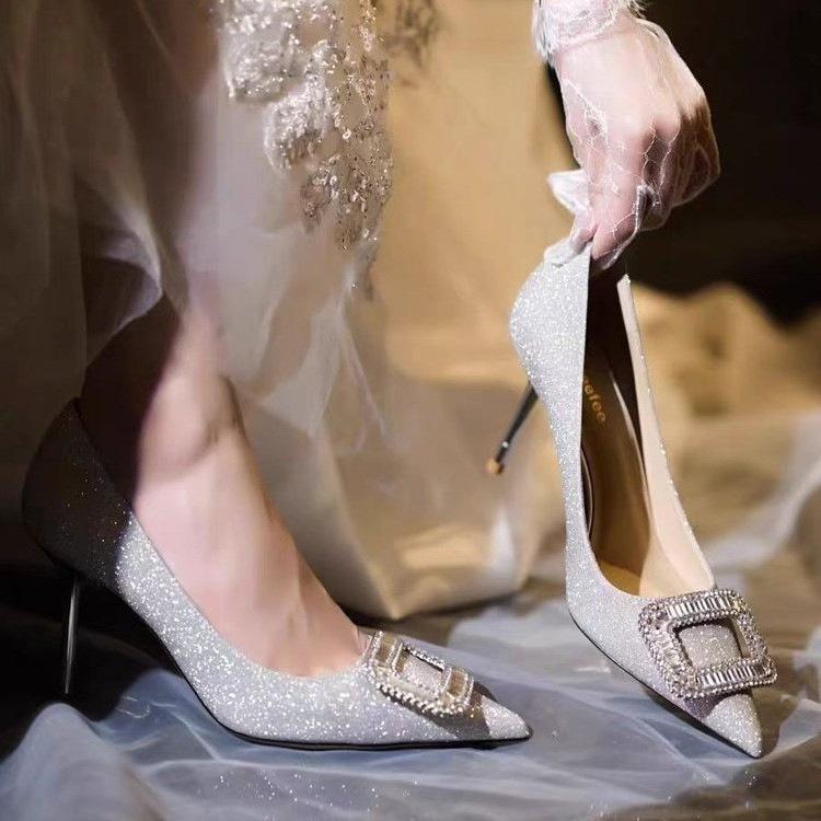 Rhinestone Square Buckle High Heels Women's Spring New Pointed Head Thin Heel Shallow Mouth Single Shoes Wedding Shoes